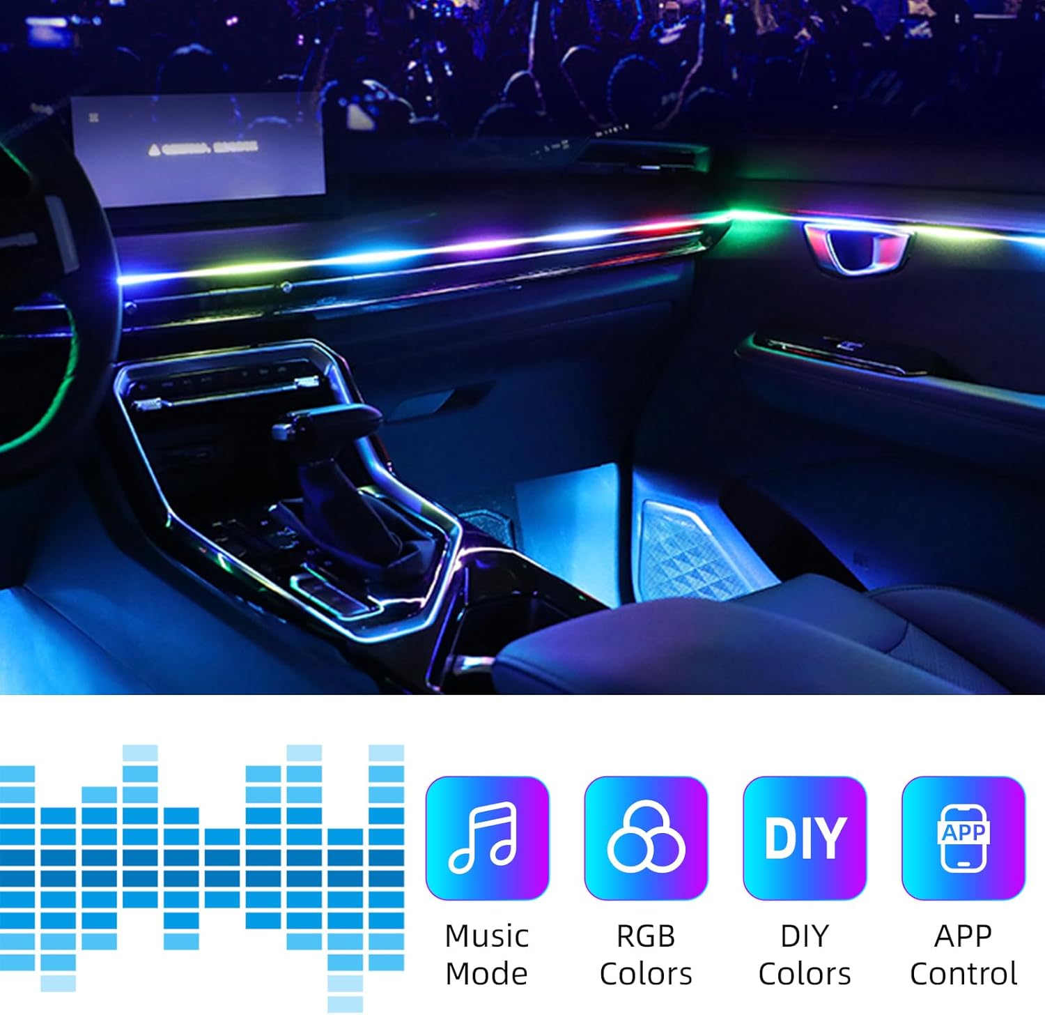 Car Ambient Lighting-Kit,256 RGB Colors DIY Modes Acrylic Interior Car LED Strip Light - EZoneTronics