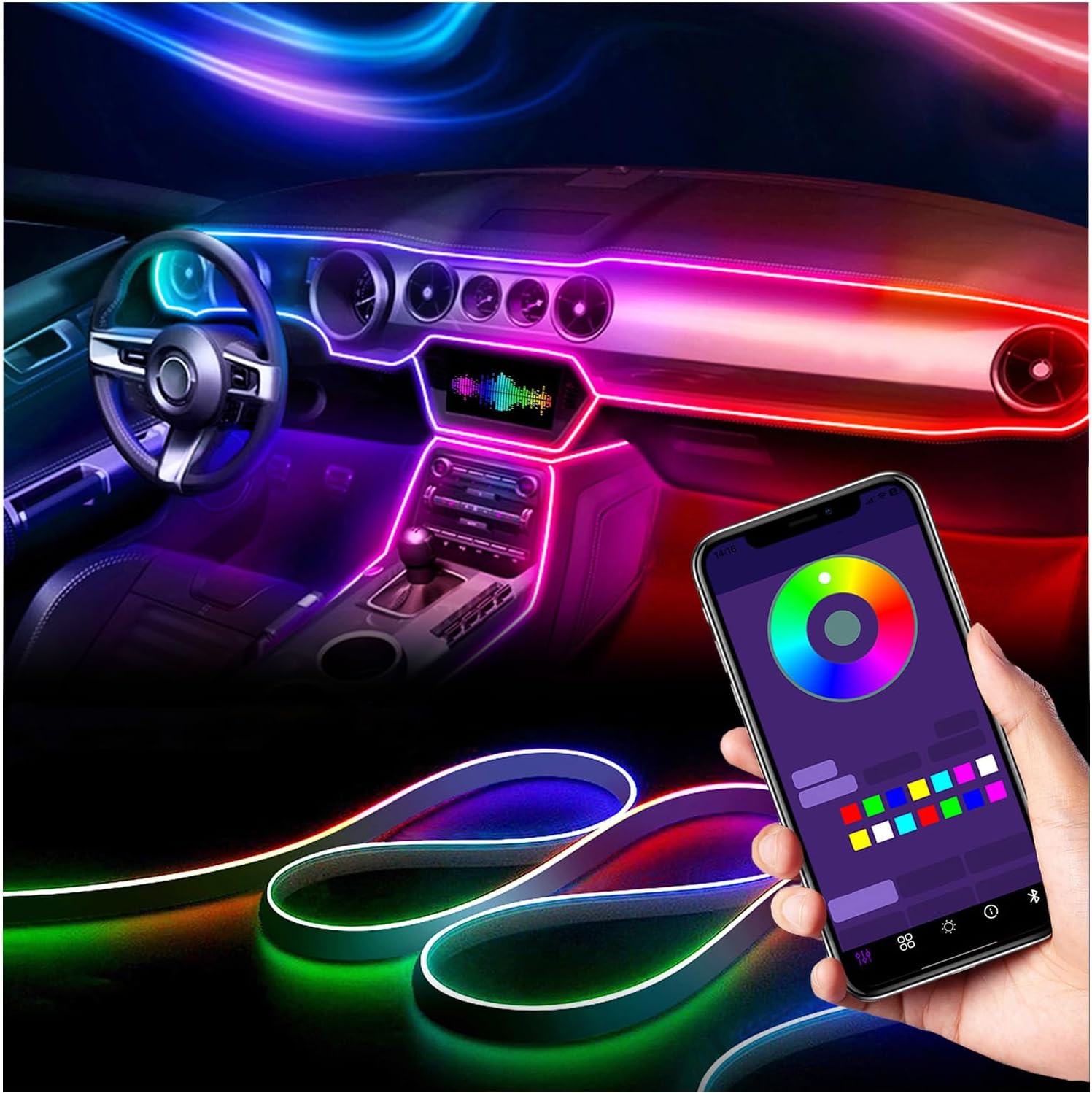 Car Ambient Lighting-Kit,256 RGB Colors DIY Modes Acrylic Interior Car LED Strip Light - EZoneTronics