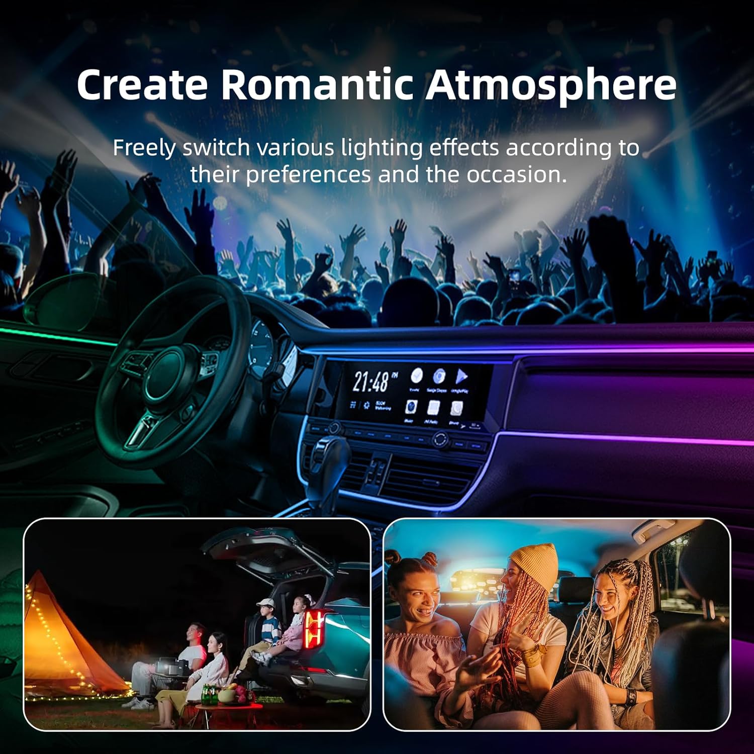 Car Ambient Lighting-Kit,256 RGB Colors DIY Modes Acrylic Interior Car LED Strip Light - EZoneTronics